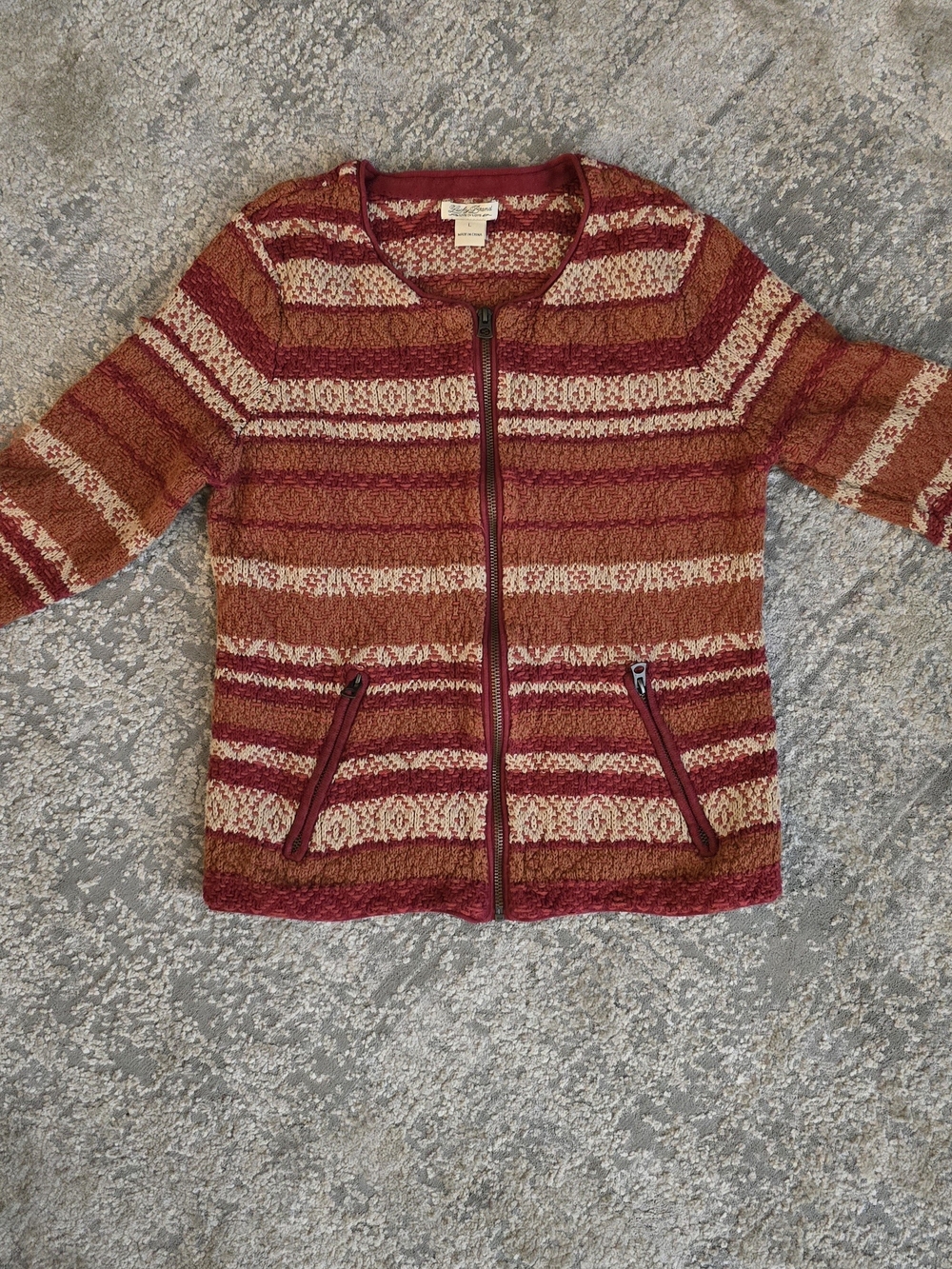 Lucky Brand Red and Orange Striped Zip Front Cardigan
